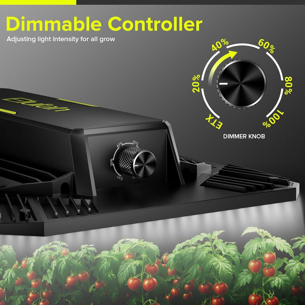 Elufah UAP800 LED grow light with dimmable controller over tomato plants.