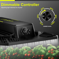 Elufah UAP800 LED grow light with dimmable controller over tomato plants.