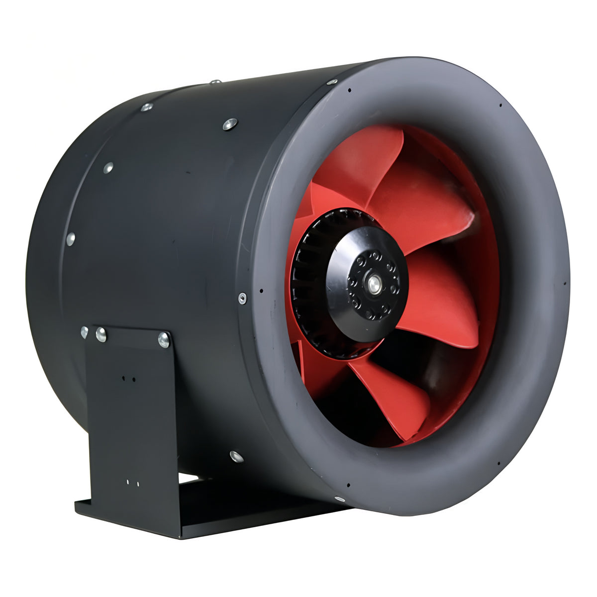 Black inline duct fan with red blades on a white background.