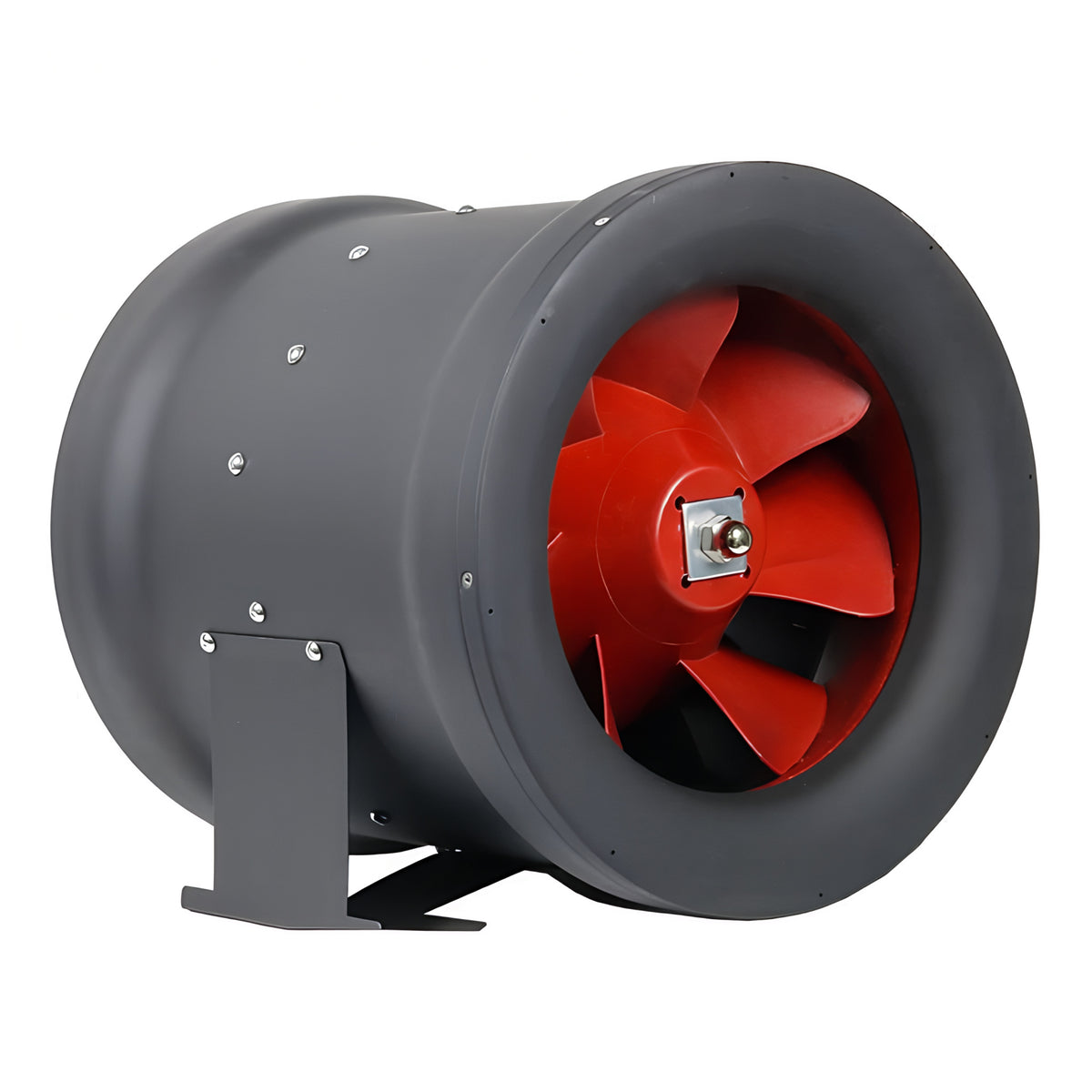 Close-up of a black inline duct fan with red fan blades.