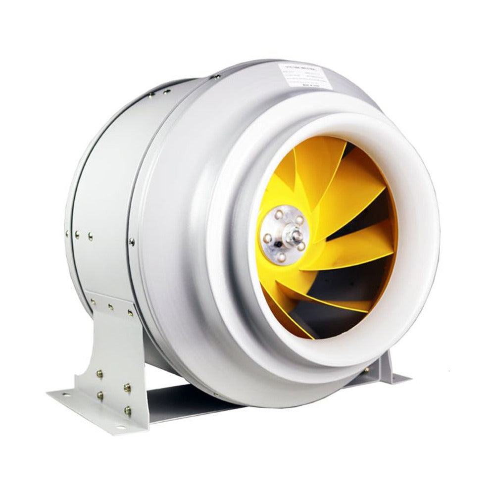 Close-up of a silver industrial inline fan with a yellow fan blade and white collar.