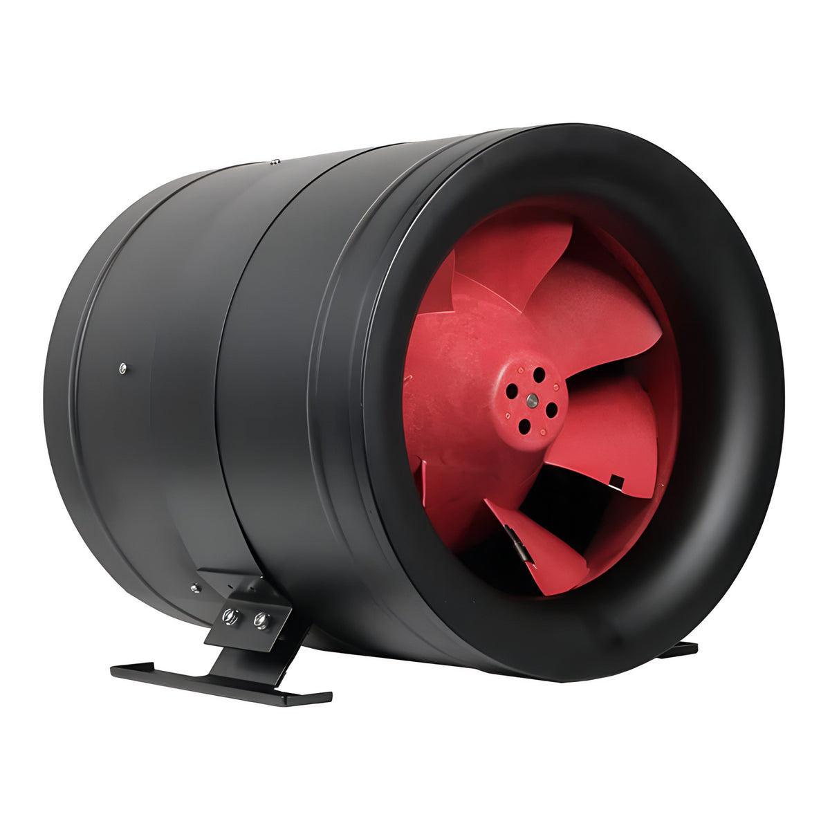 Black inline duct fan with red fan blades.