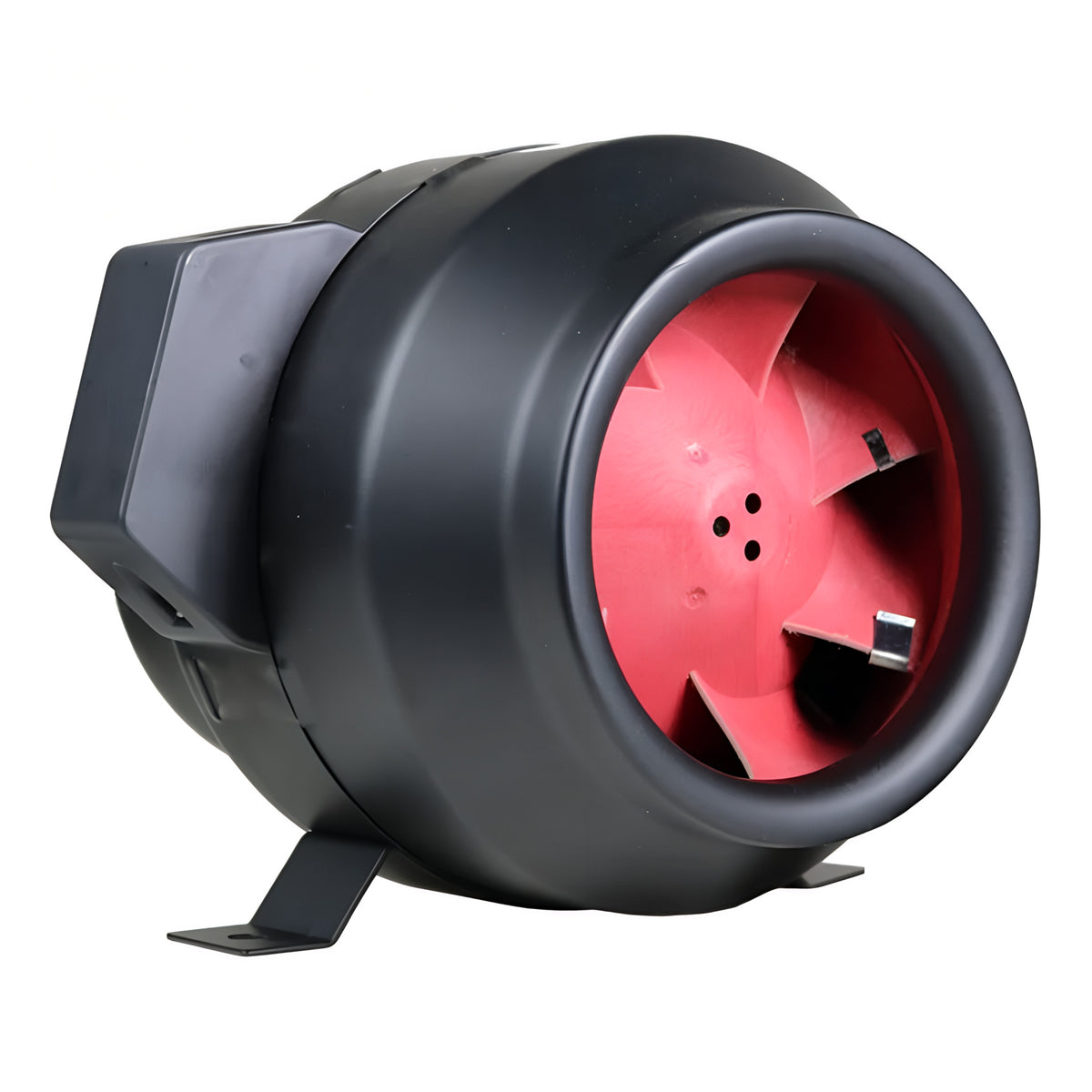 Black inline duct fan with red impeller, mounted on metal feet.