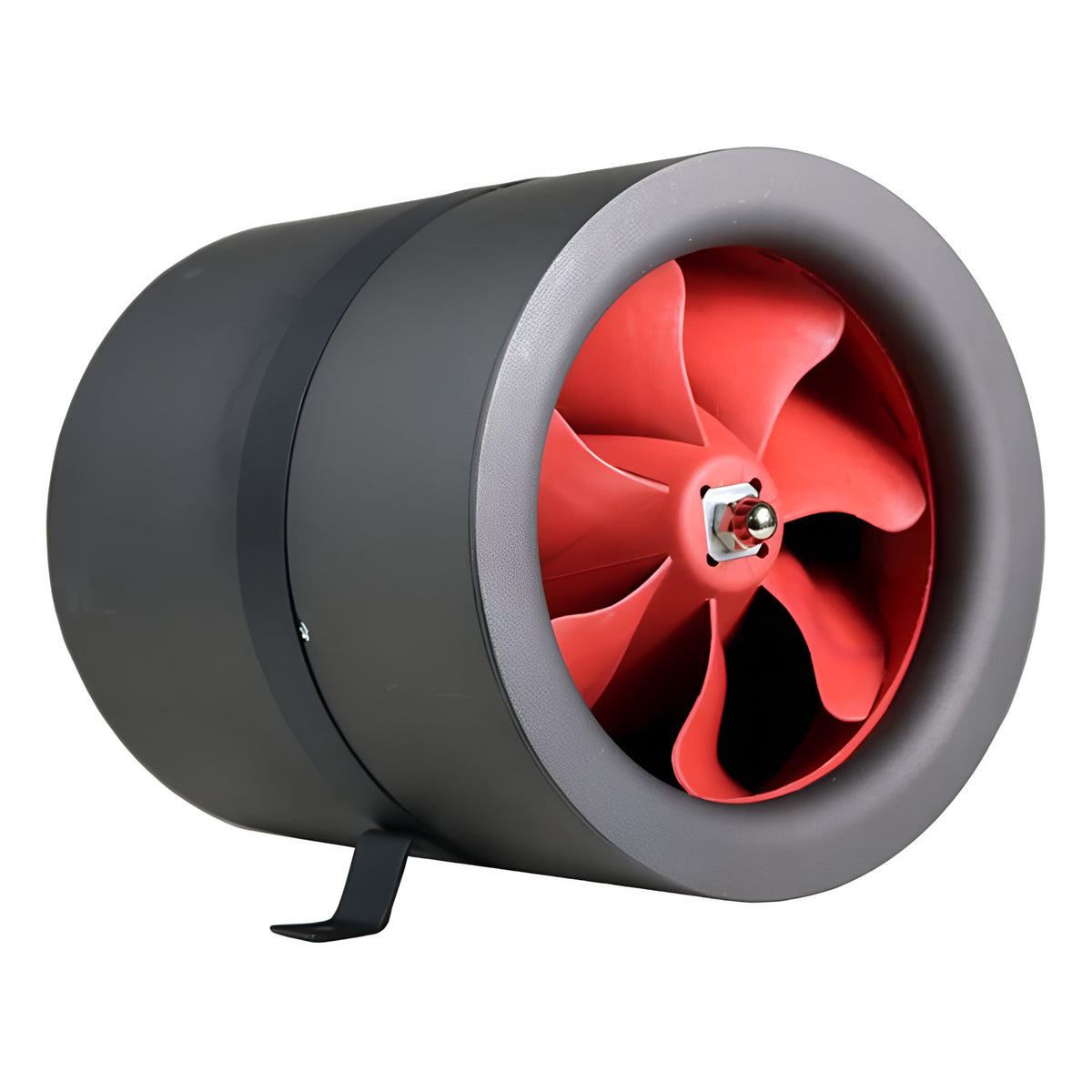 Red-bladed inline fan in a dark gray cylindrical housing with a black mounting bracket.