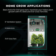 MARS HYDRO FC3000 LED grow light in a 3'x3' tent with ventilation system, for home plant growth.
