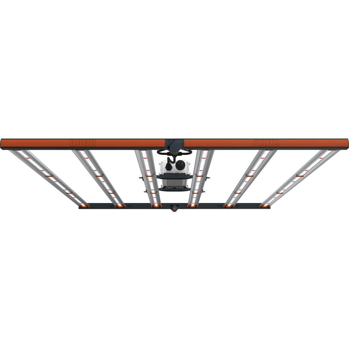 Fluence SPYDR FANG 240V full spectrum LED grow light, orange bar-style fixture with multiple LED strips.
