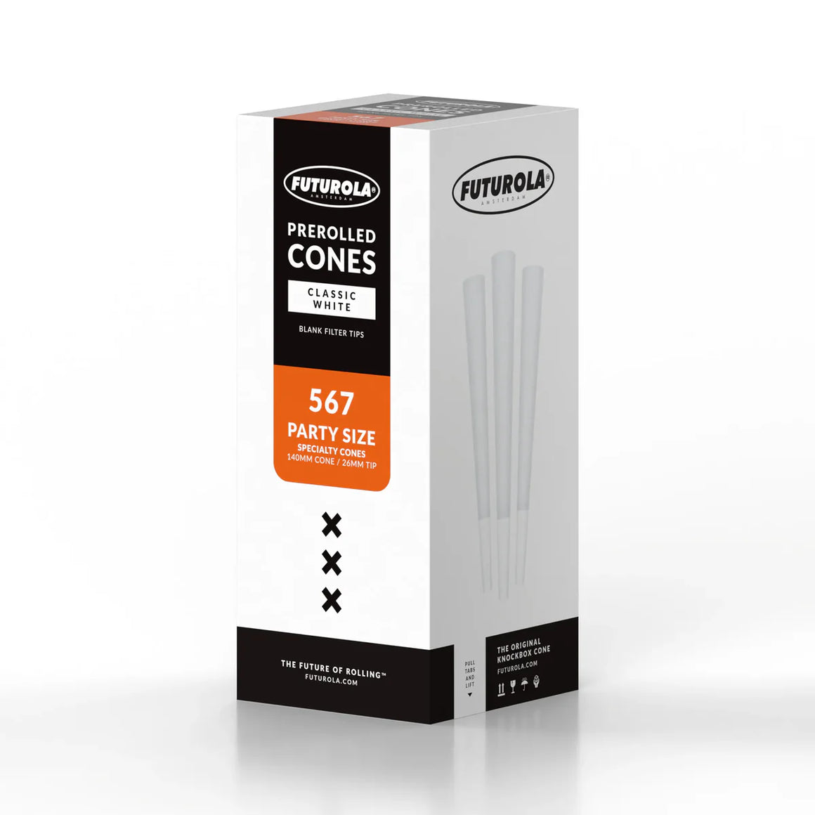 Futurola Classic White prerolled cones in party size (140mm cone, 26mm tip) with orange logo.