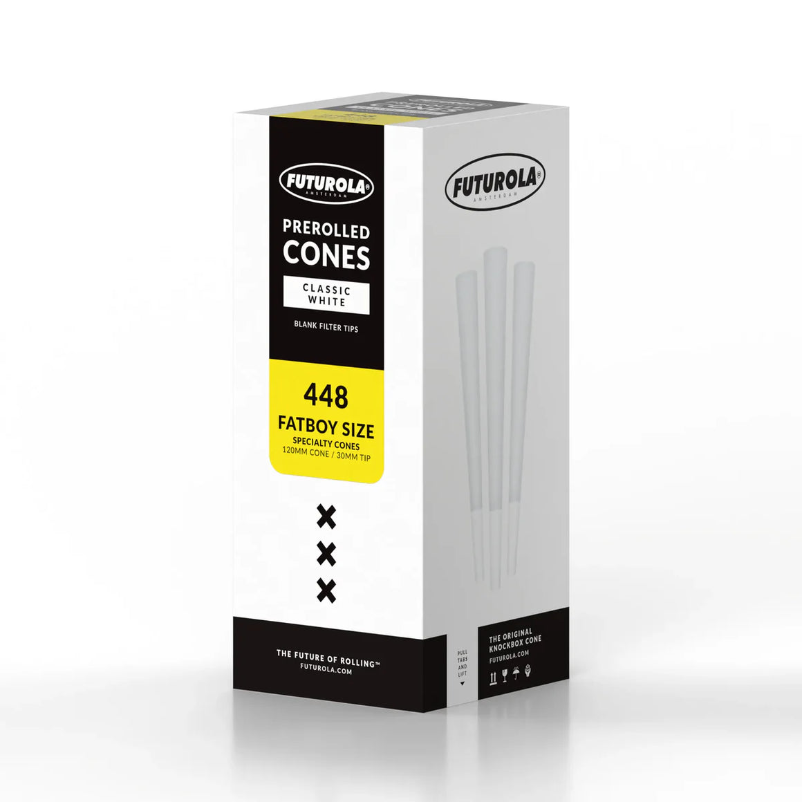 Futurola Classic White pre-rolled cones, Fatboy size (120mm cone, 30mm tip).