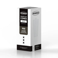 Futurola Classic White 1¼ size pre-rolled cones (900 ct) with 84mm cone and 26mm tip.