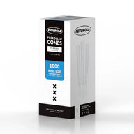 Futurola King Size (109mm) Classic White pre-rolled cones, 1000 count, with blank filter tips.