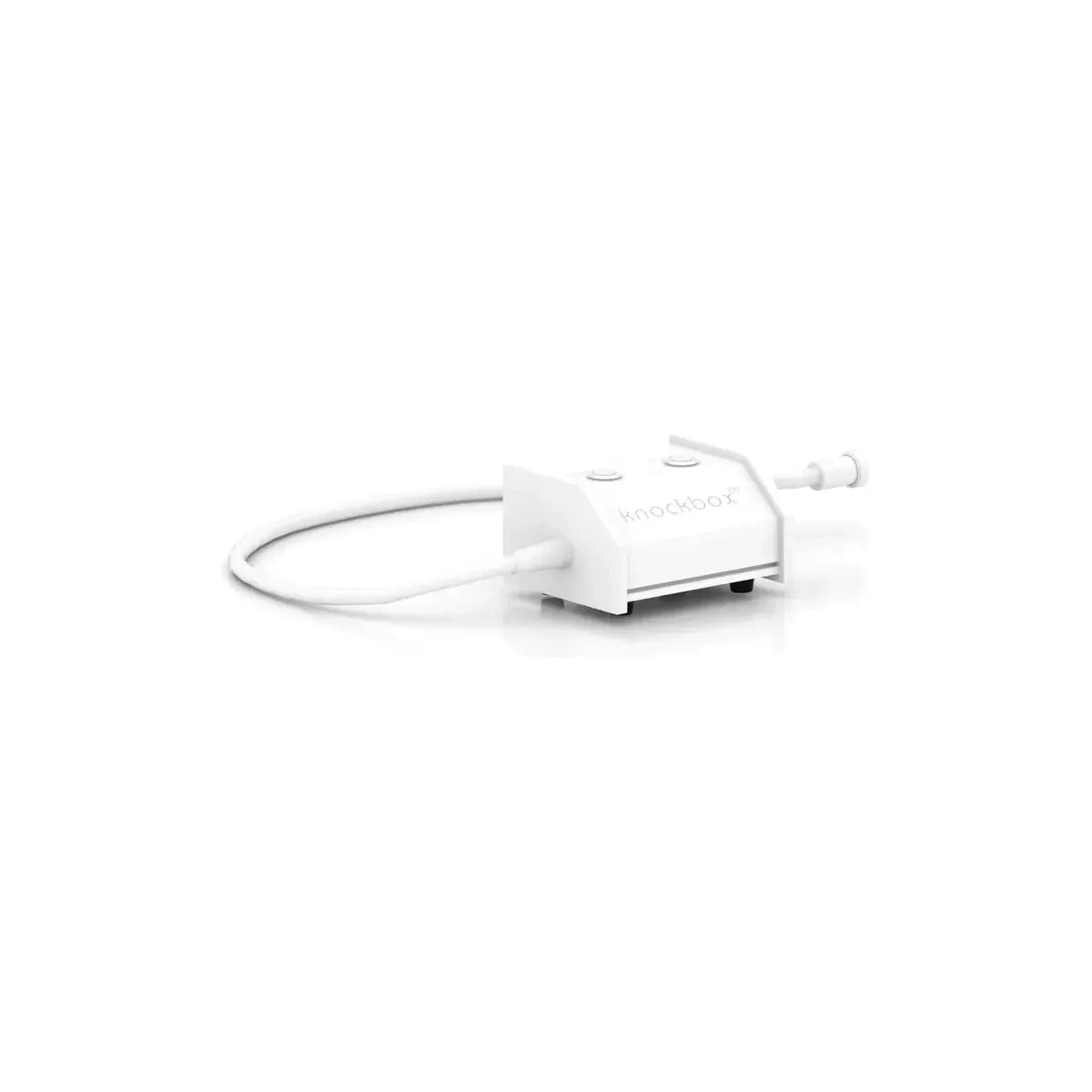 White "knockbox" controller with cable, two buttons, and a connector.