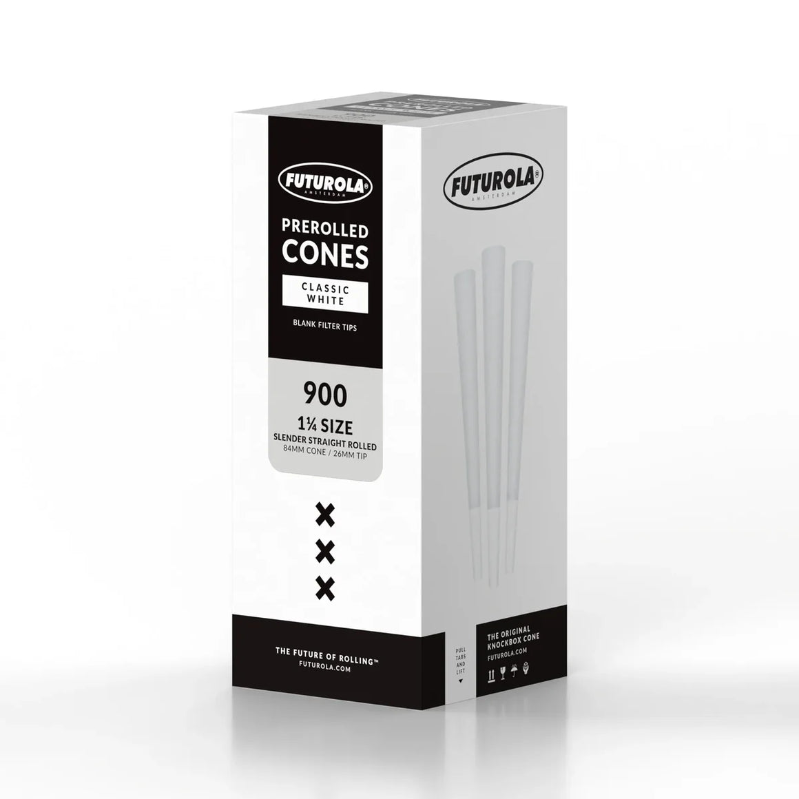 Futurola 900 count 1 1/4 size pre-rolled cones, classic white, 84mm cone, 26mm tip.