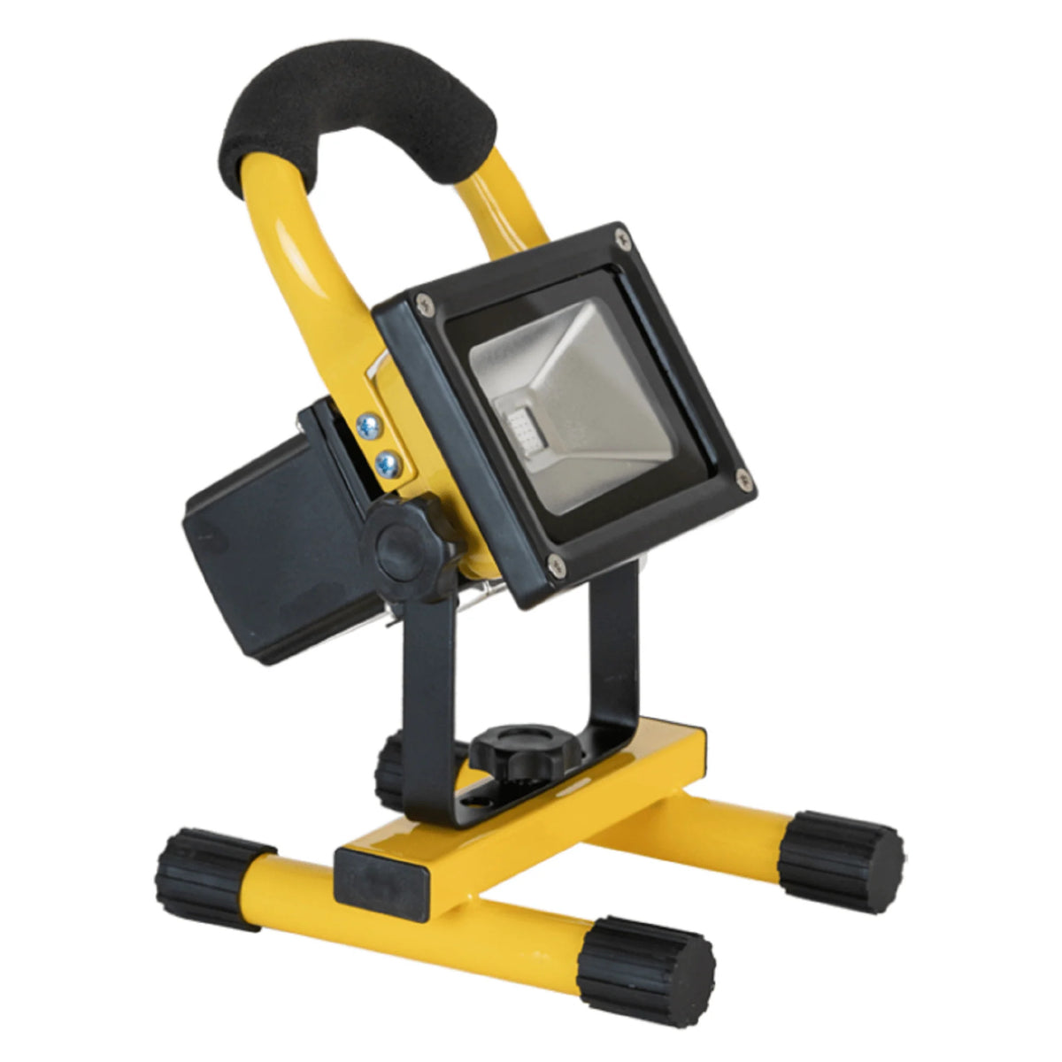 Yellow LED work light with a black adjustable stand and padded handle.