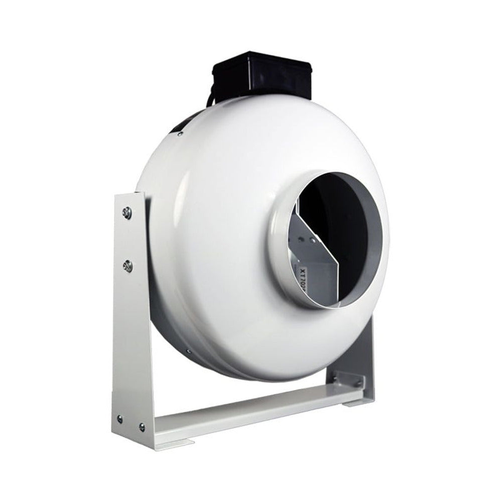 White inline duct fan with black top housing and silver metal stand.