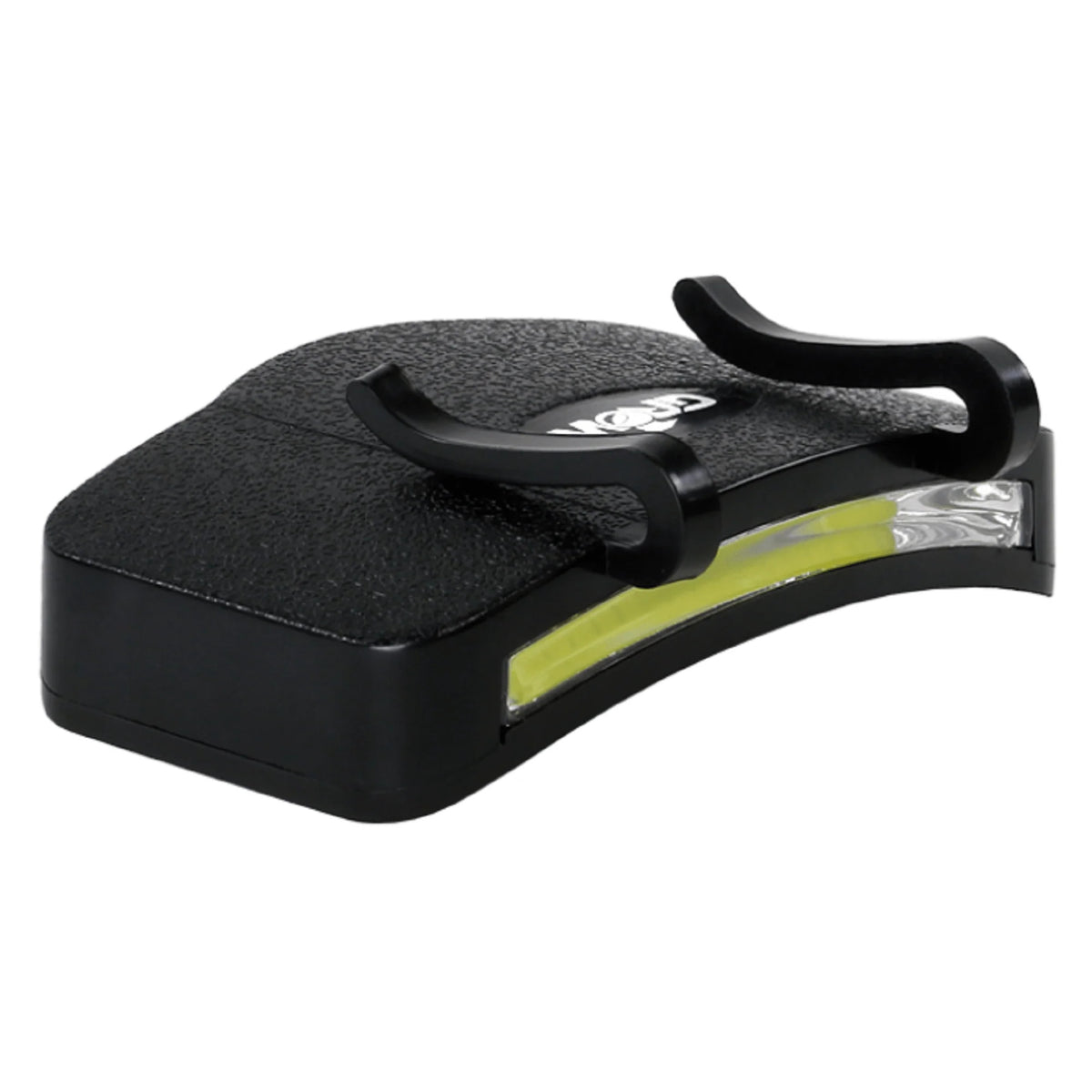 Black COB clip-on hat light with green LED illumination.