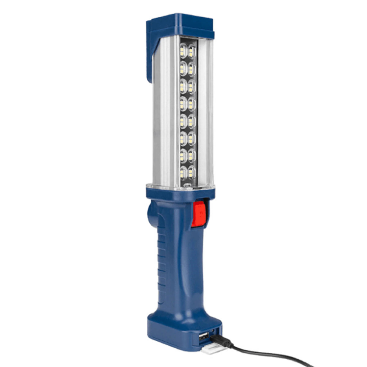 Rechargeable blue and silver LED work light with red button and USB charging port.