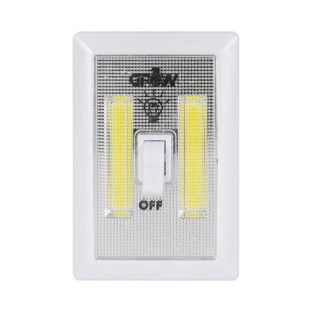 White light switch with "ON" and "OFF" labels and two bright yellow LED strips.