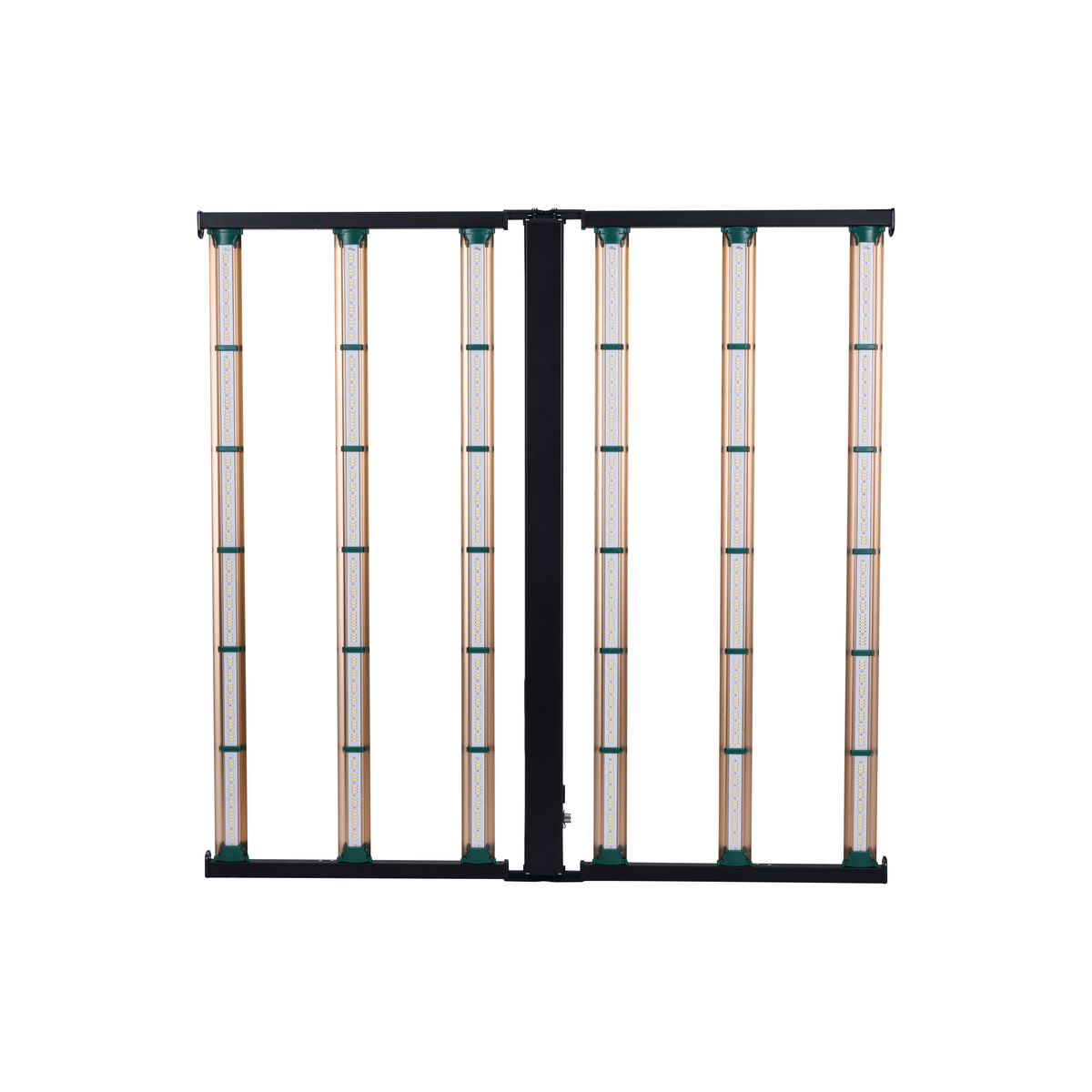 Foldable Grower's Choice ROI-FF 650 LED grow light for plants, featuring six gold full-spectrum light bars.
