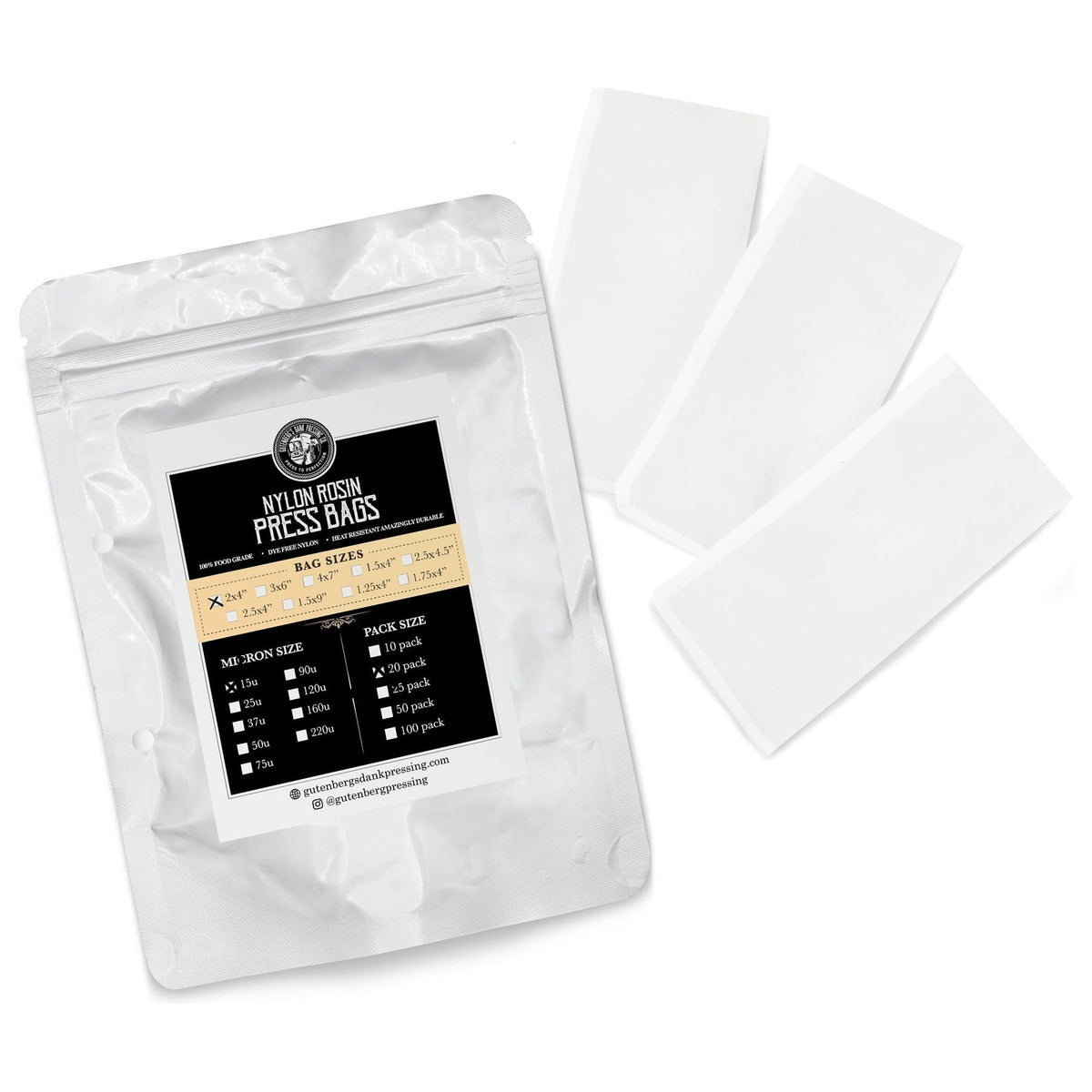 White pouch of Gutenberg's Dank Pressing Co. rosin bags next to three white bags.