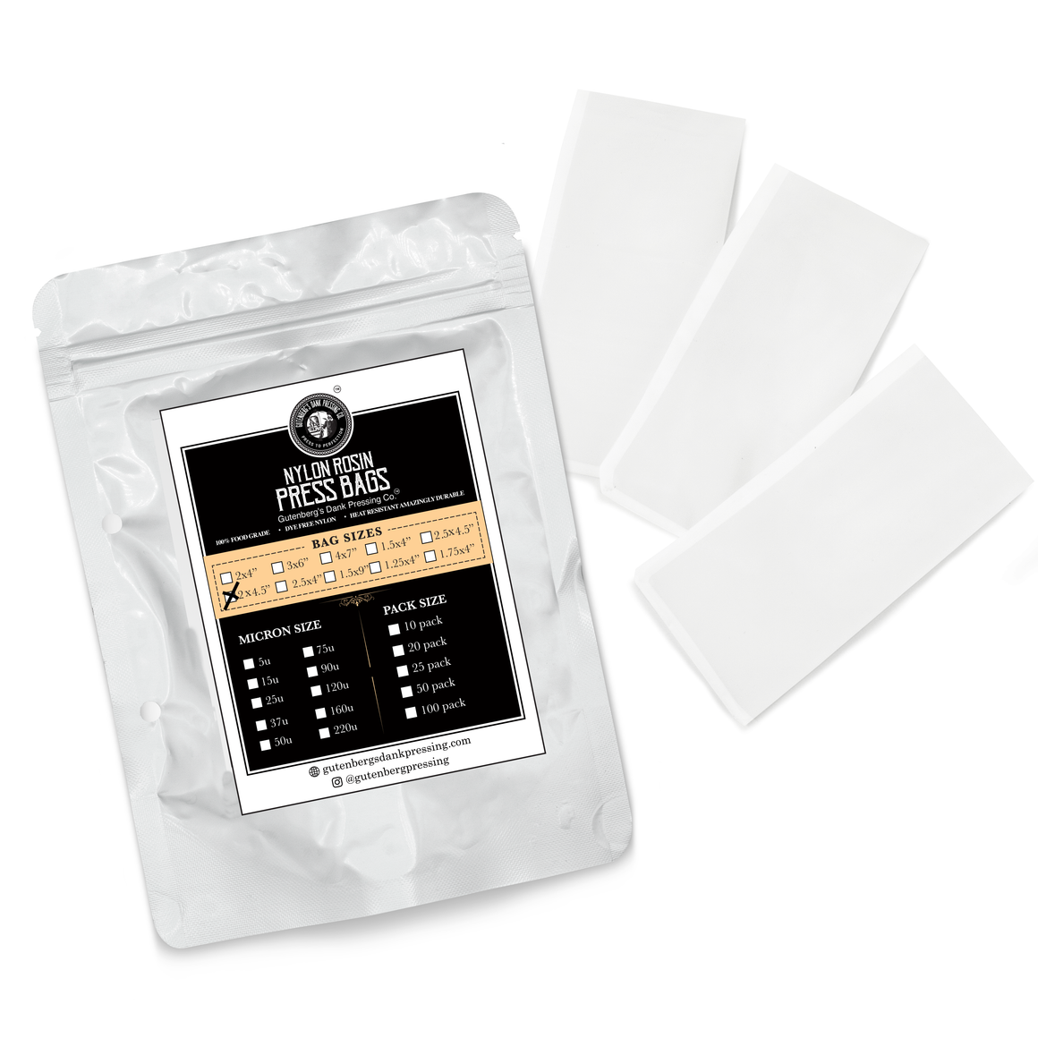 White nylon rosin press bags in a transparent stand-up pouch from Gutenberg's Dank Pressing Co., 2x4.5" size, 25-pack.