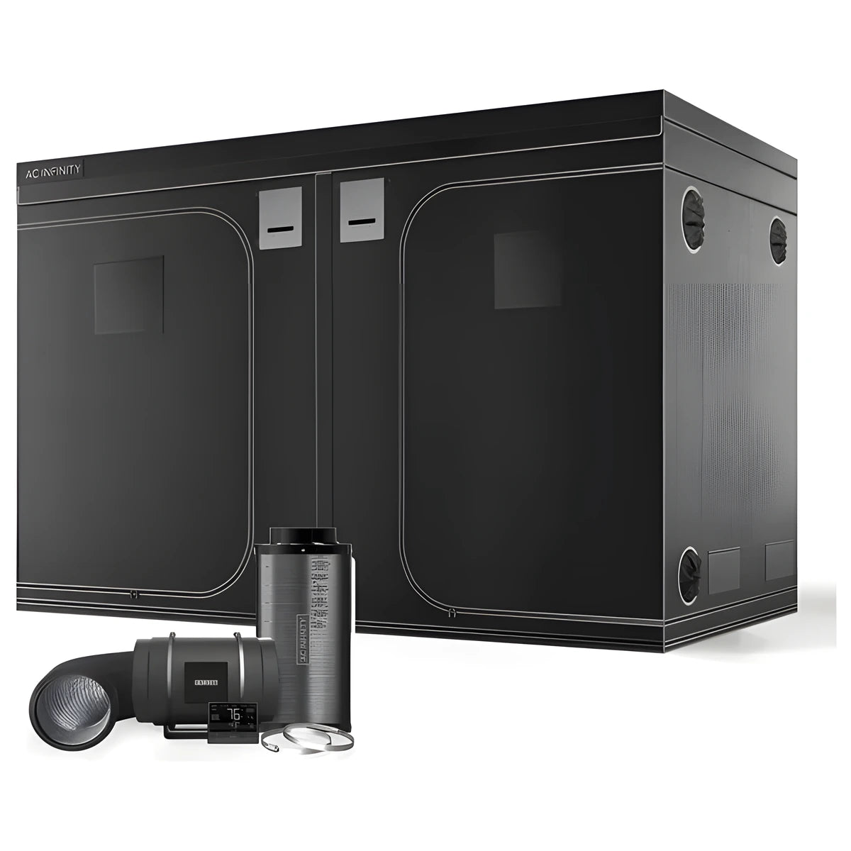 Black AC Infinity grow tent and ventilation kit with inline fan and carbon filter.