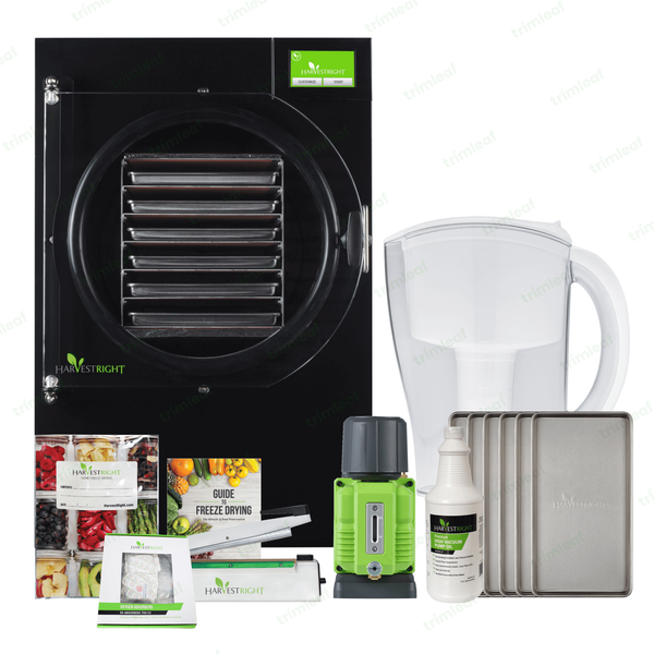 Harvest Right black 6-tray freeze dryer with pump, vacuum sealer, oil, and mylar bags.
