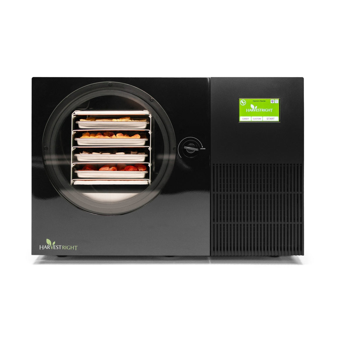 Black Harvest Right Countertop 360 freeze dryer, front view with four loaded trays behind the round door