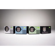 Four Harvest Right Countertop 360 freeze dryers in stainless steel, pale blue, sage green and black, side by side