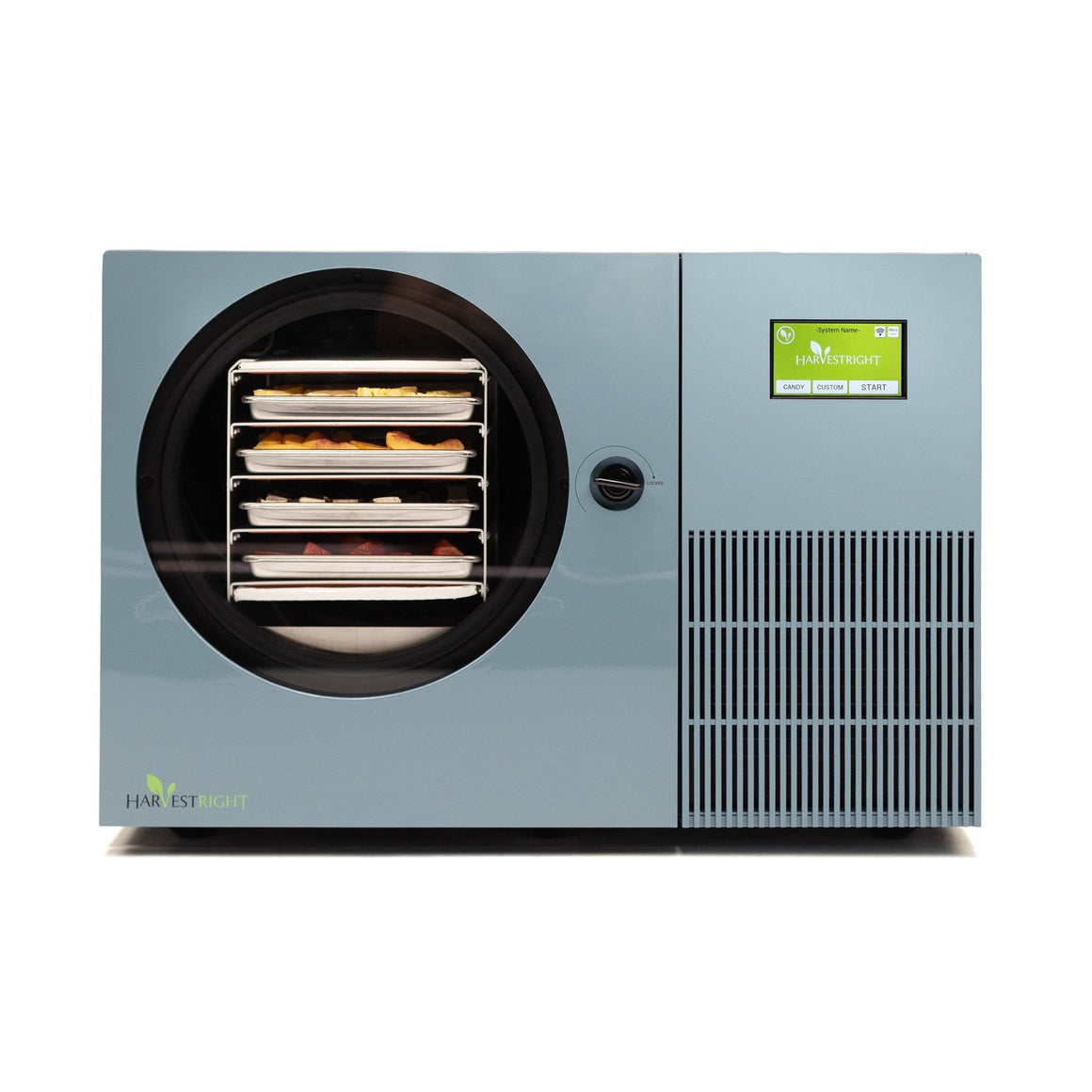 Pale blue Harvest Right Countertop 360 freeze dryer, front view with four loaded trays behind the round door