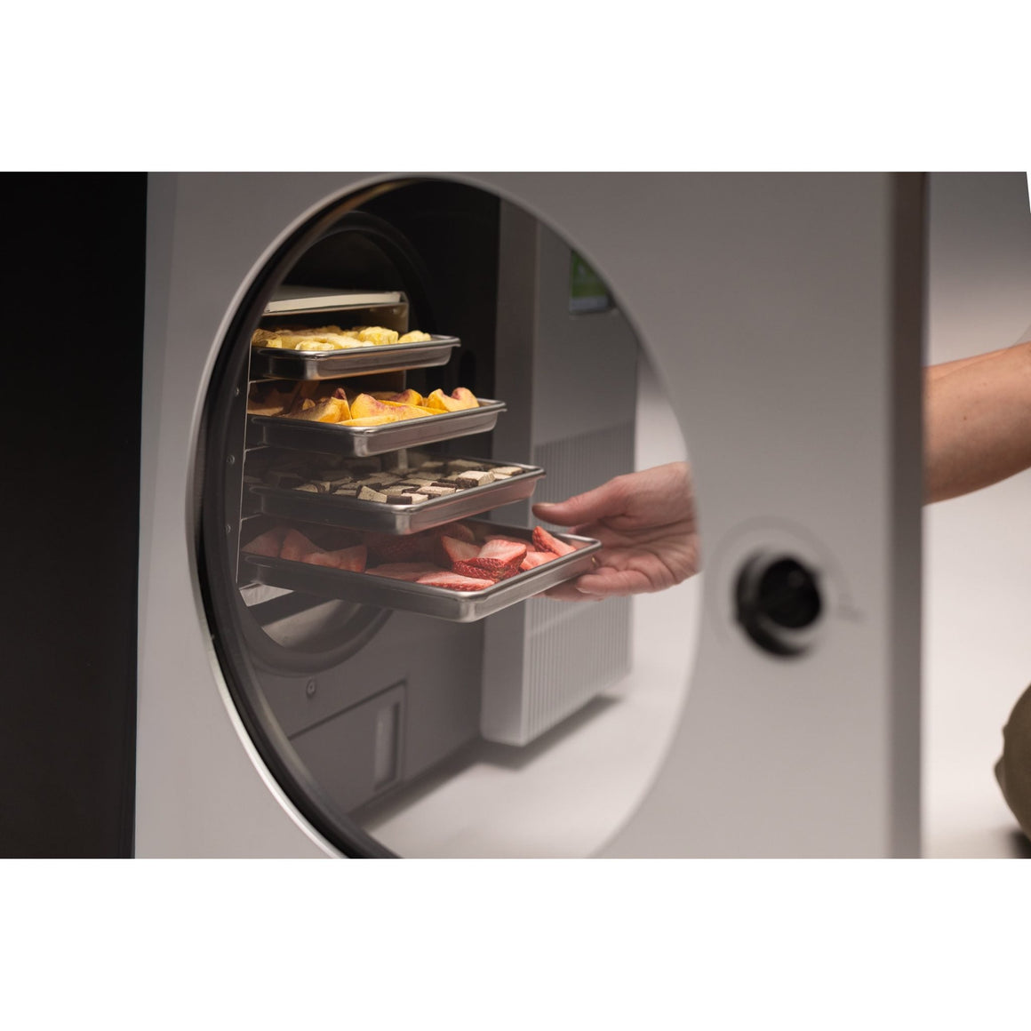Hand reaching a tray of freeze-dried food inside the chamber of the stainless steel Countertop 360