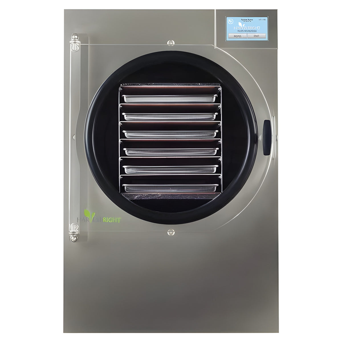 Harvest Right large commercial scientific freeze dryer. Stainless steel with clear door, trays, and digital display.