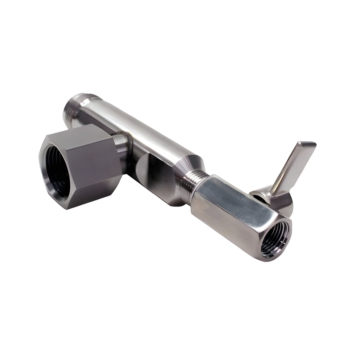 Harvest Right stainless steel T-shaped pressure release valve with threaded hex fittings and a lever handle.