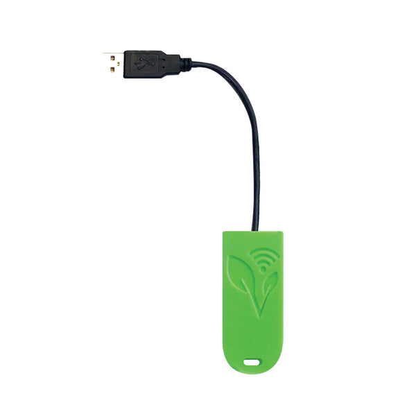 Green Wi-Fi upgrade kit with leaf and signal symbols, connected to a black USB cable.
