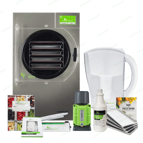 Harvest Right freeze dryer with accessories including trays, pump oil, filter, and guide.