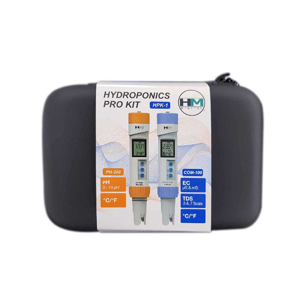 Hydroponics Pro Kit with HM Digital PH-200 and COM-100 meters in a protective case.