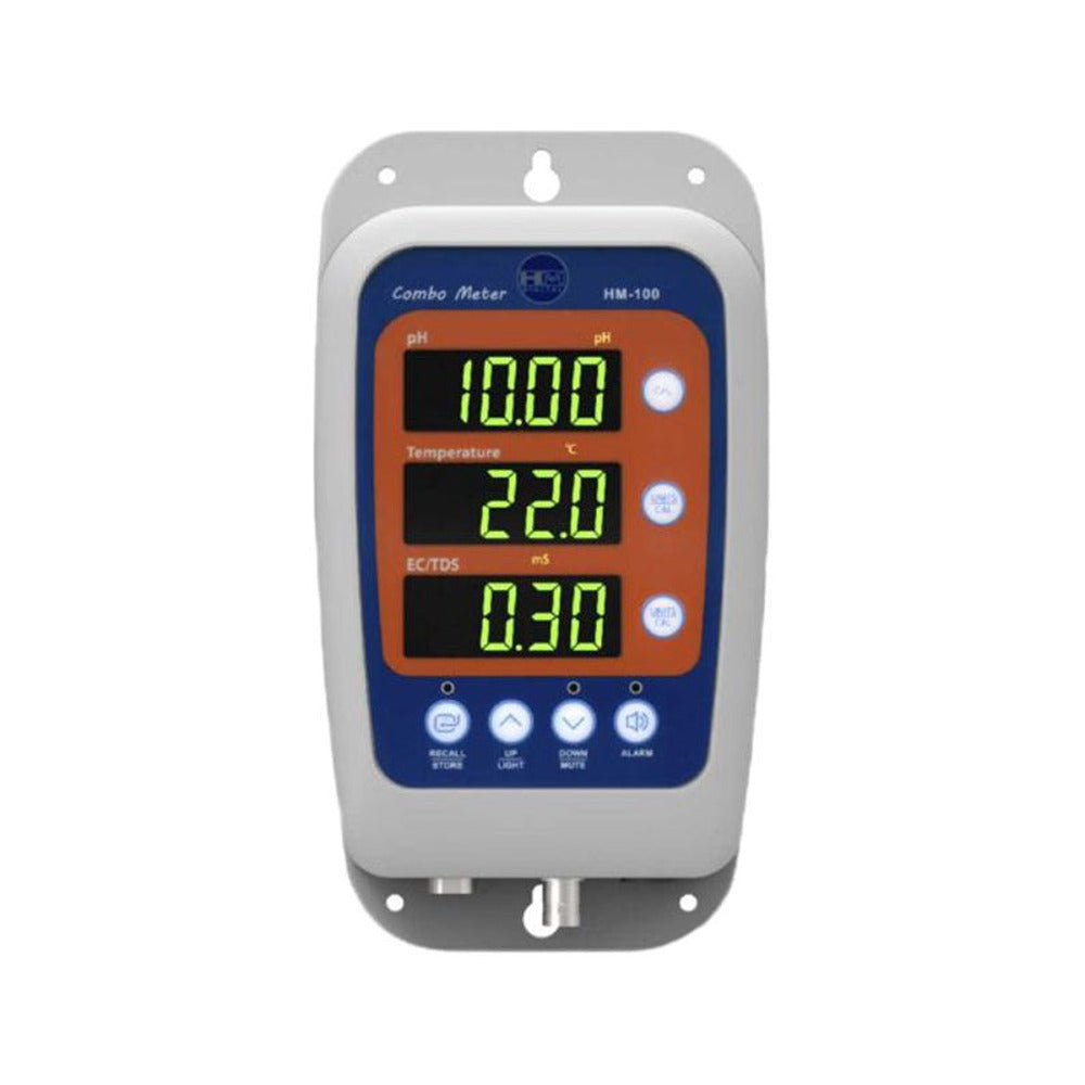 HM Digital HM-100 Combo Meter displays pH 10.00, Temperature 22.0°C, and EC/TDS 0.30 mS.