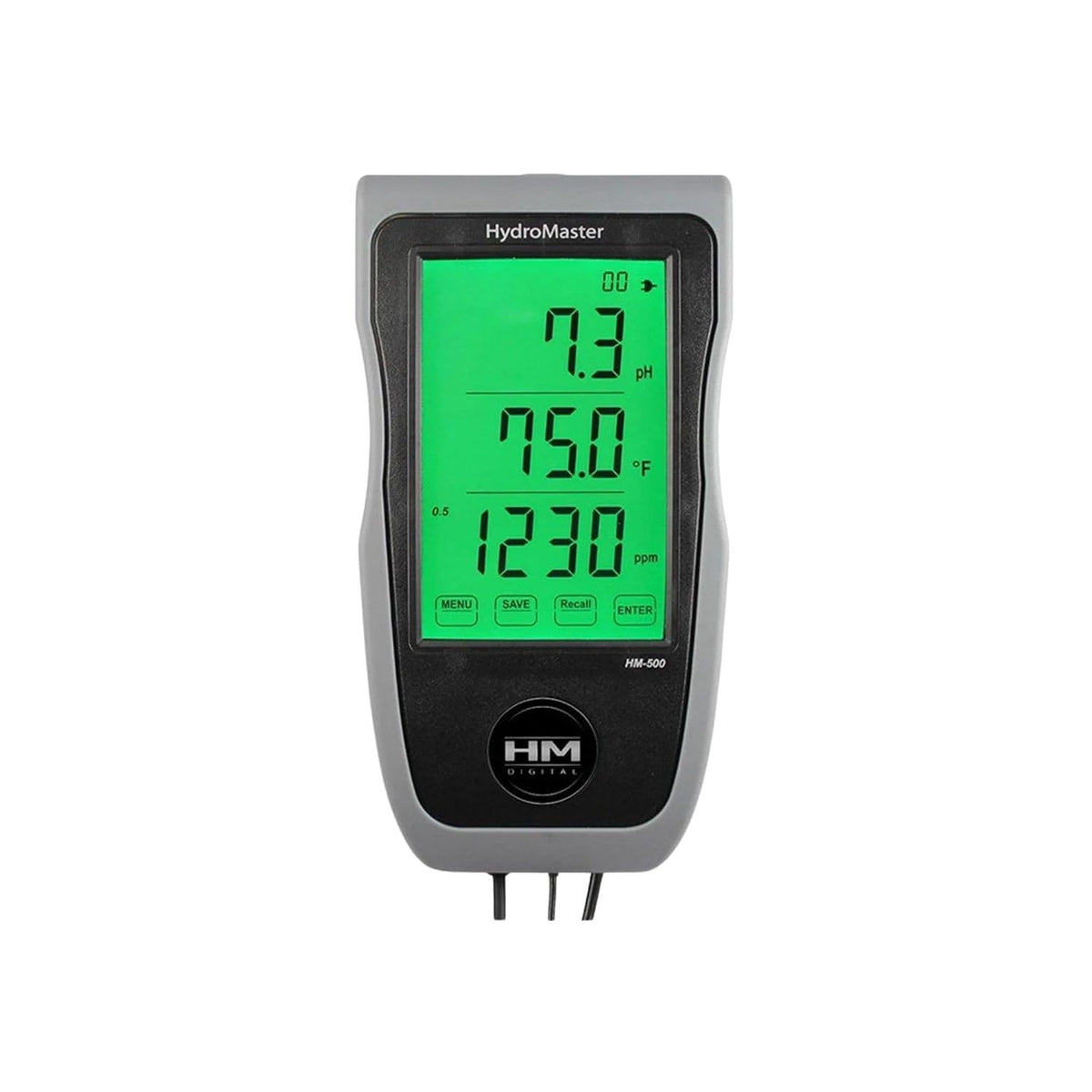 HydroMaster 500 pH, TDS, EC, and temperature meter with a green LCD screen showing readings.