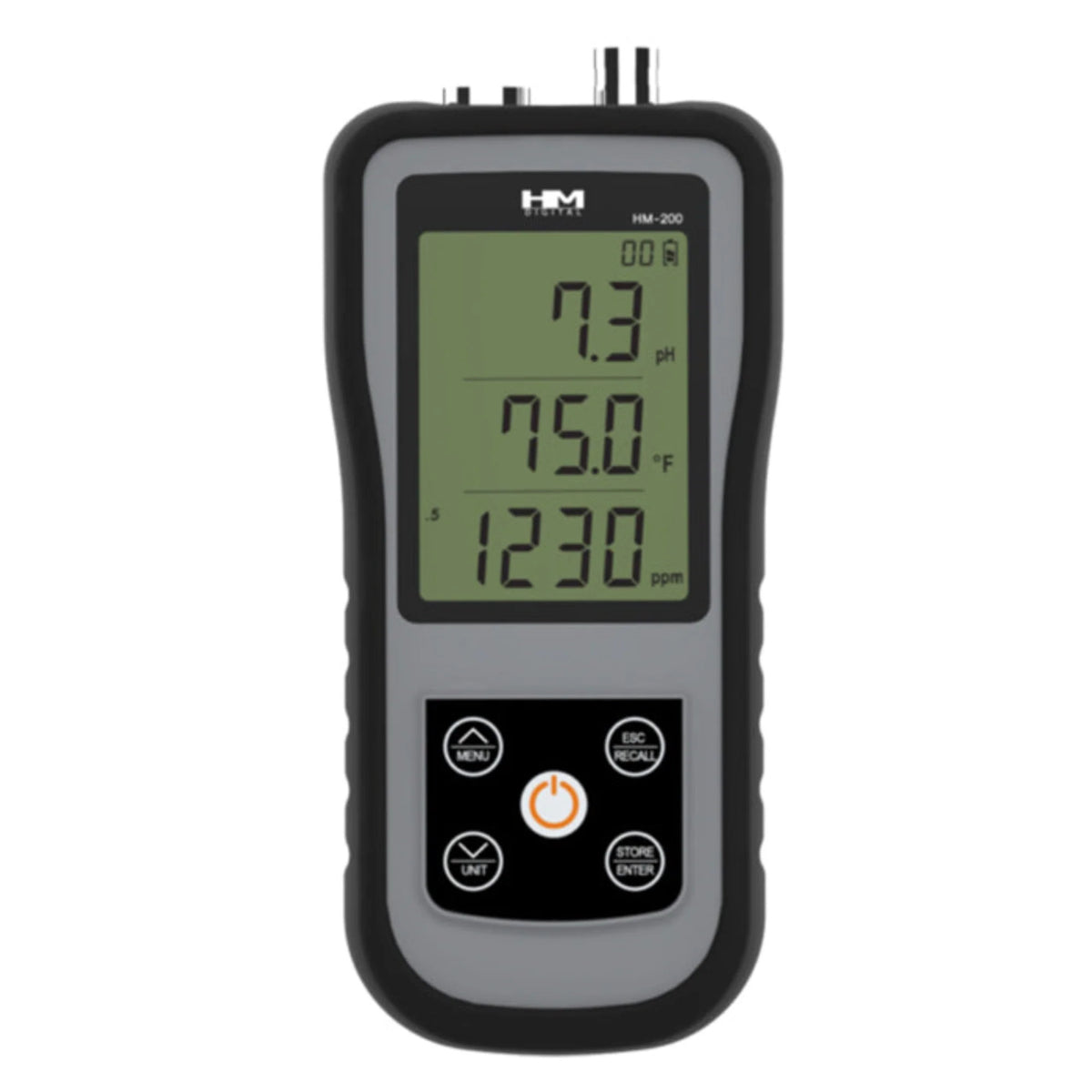 HM Digital HM-200 portable pH meter displaying 7.3 pH, 75.0°F, and 1230 ppm.