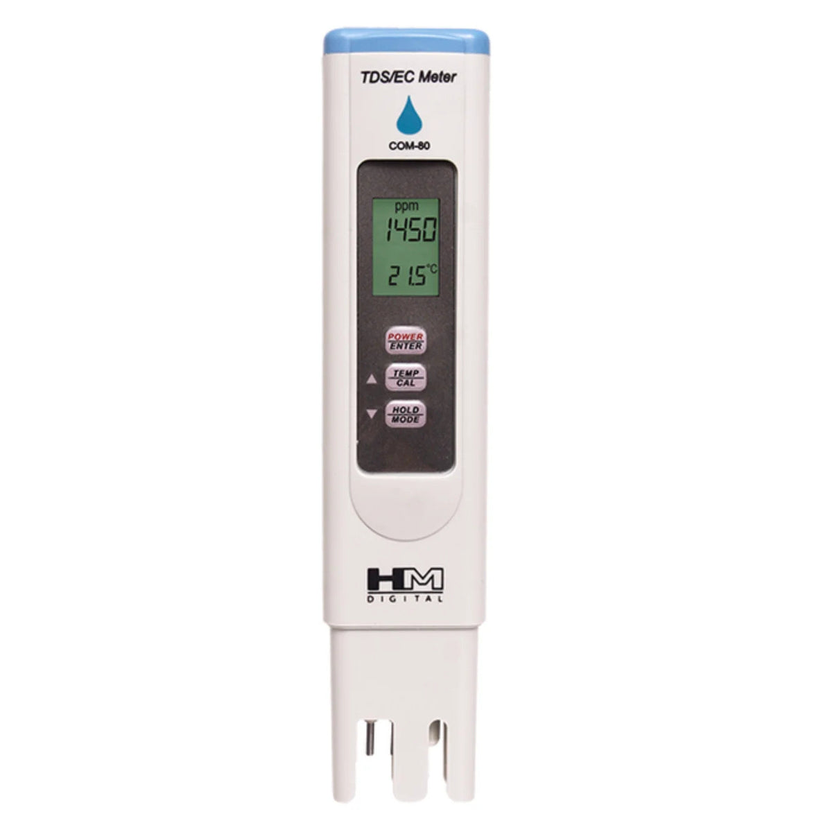 HM Digital pen-style TDS/EC meter with blue cap and digital display.