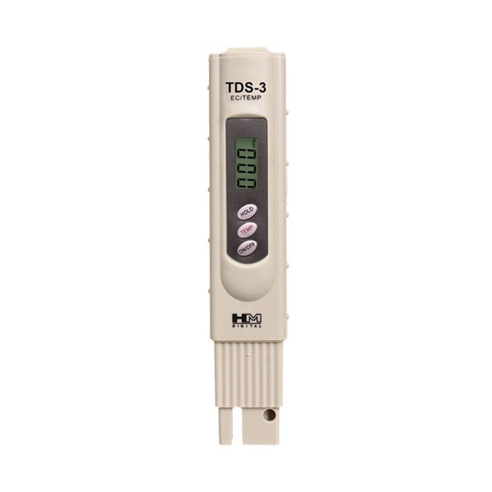 Digital TDS meter with a digital display showing "000 PPM" and three buttons: HOLD, TEMP, ON/OFF.