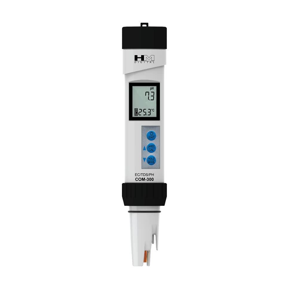 HM Digital COM-300 pH meter with digital display showing pH 7.3 and temperature 25.3°C.