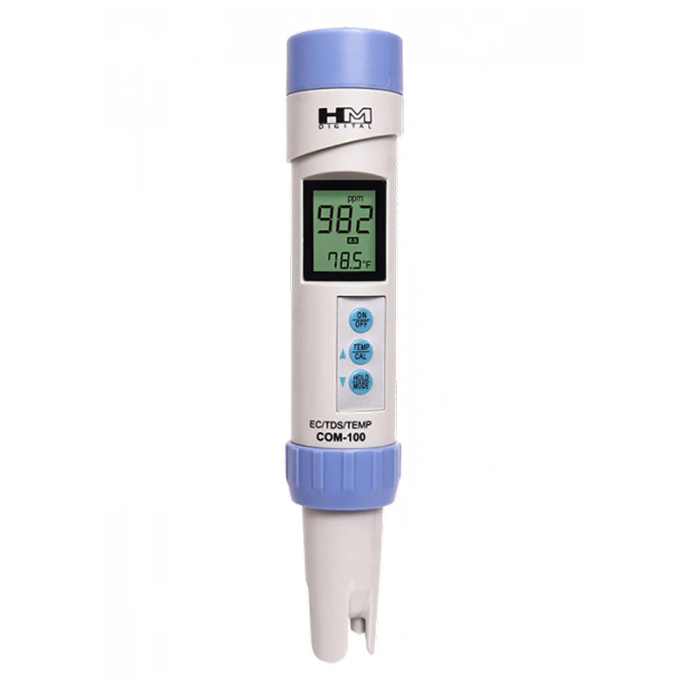HM Digital TDS meter with blue cap and buttons, displays 982 ppm and 78.5°F.