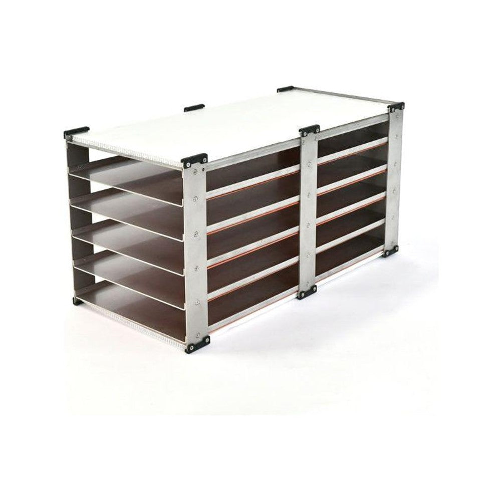 A white-topped, multi-shelf metal rack with brown shelves, likely for laboratory equipment, against a white background.