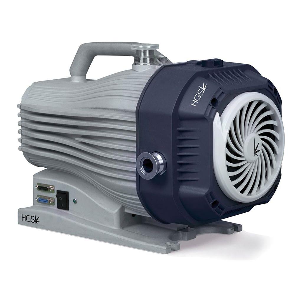 Anemos oil-free pump with HG SK logo, ribbed body, dark blue casing with fan.
