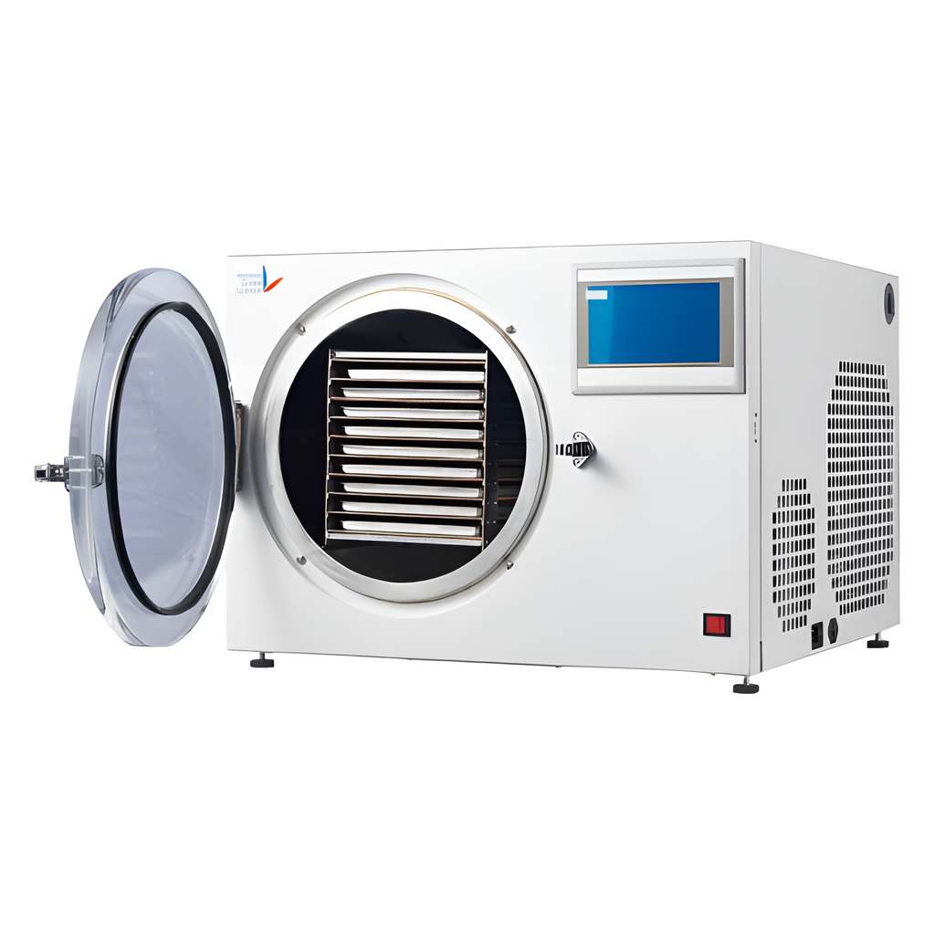 Holland Green Science Xiros Mikro freeze dryer with open door and trays inside.