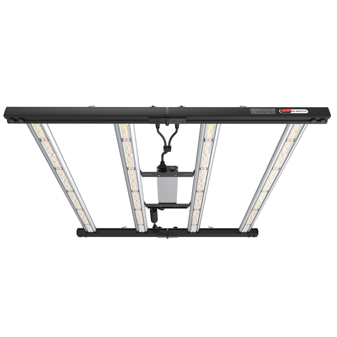 Commercial horticulture LED grow light bar, 350W, black frame with multiple foldable silver bars, full-spectrum Samsung/Osram LEDs & IR switch.