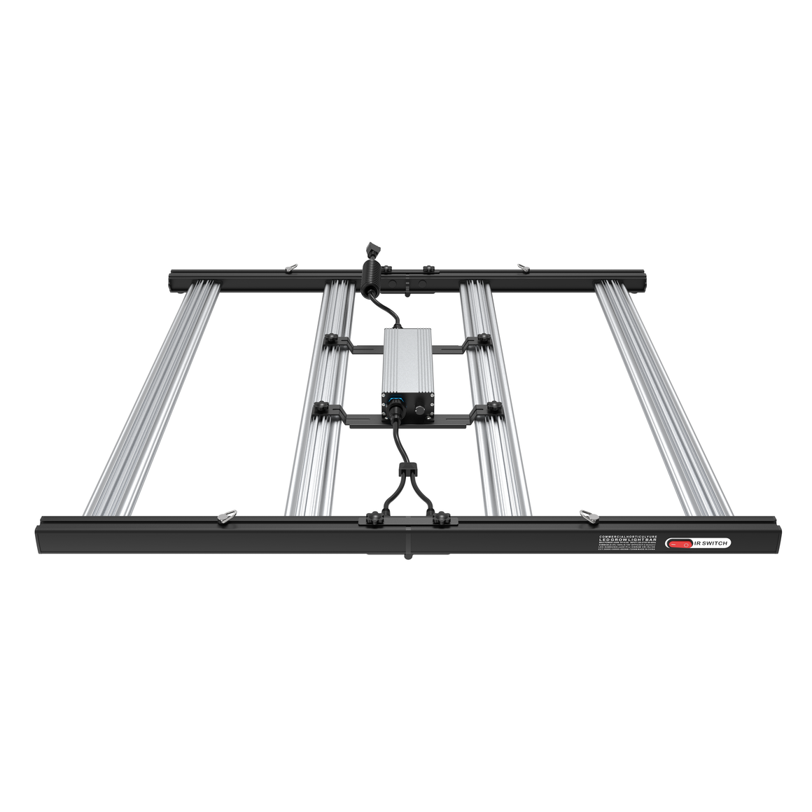 Commercial horticulture LED grow light bar, 350W full spectrum, with six linear silver aluminum light bars and a central driver unit on a black frame. Features include an IR switch, dimming capabilities, Samsung LM281 Pro and Osram LEDs, and full spectrum output for plant growth.