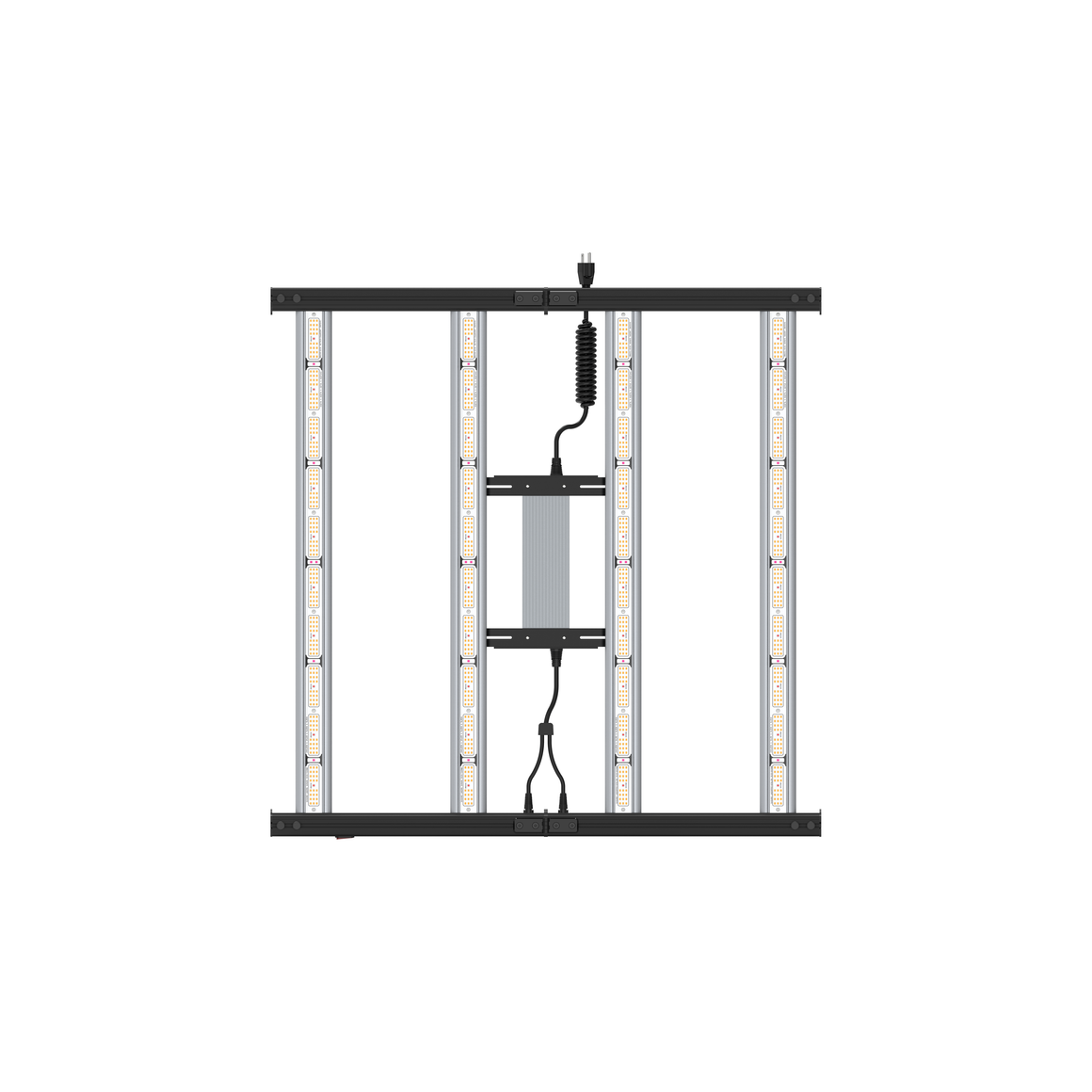 Full-spectrum LED grow light with four bars and a central driver, white background.