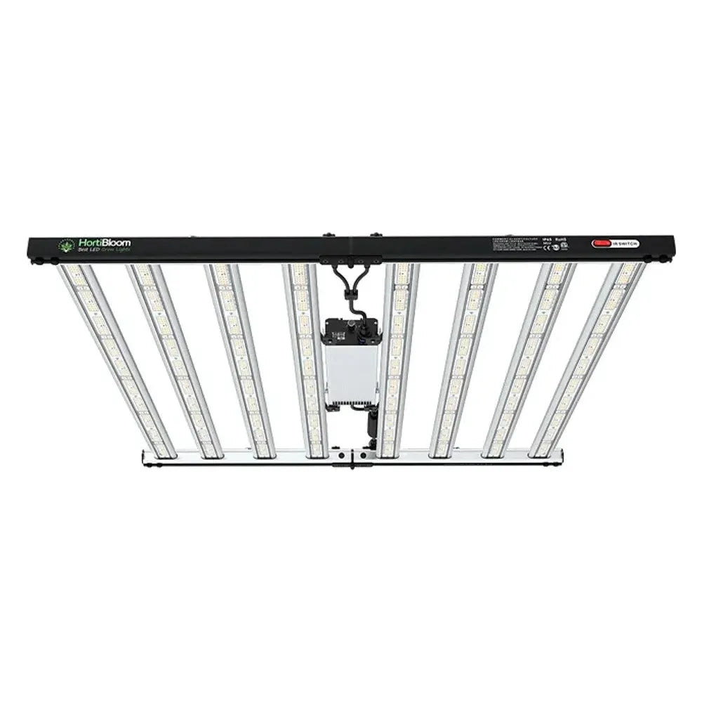 HortiBloom 800W LED grow light with 8 illuminated bars, black frame, and central driver against a white background.