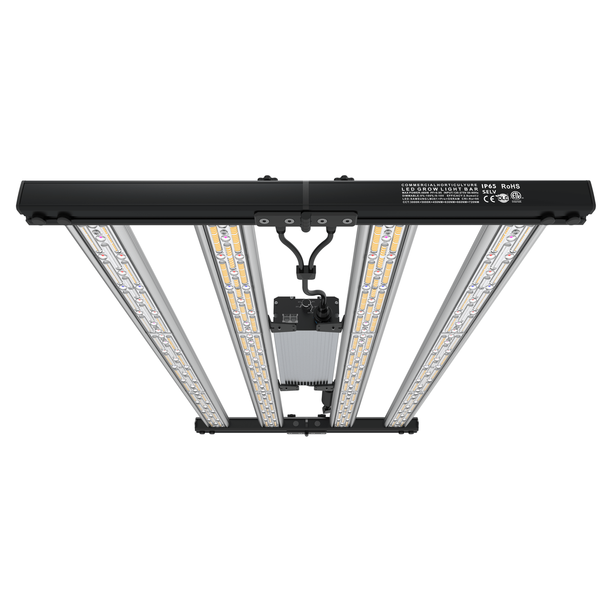 Sleek black & silver multi-bar LED grow light, full-spectrum diodes (warm white, red, blue), IP65, 480W.